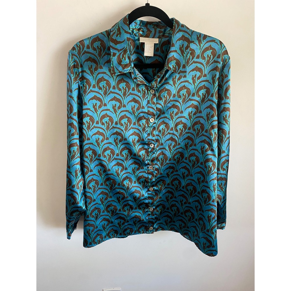 Soft Surroundings Blue Brown Art Nouveau Satin Button Down Blouse 21770 Large